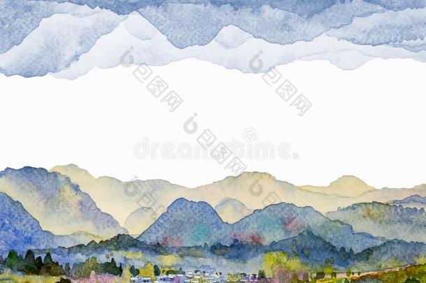 水彩风景绘画关于山和草地