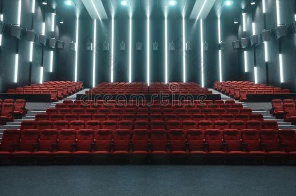 电影院过道和空白的屏幕和空的席位.现代的设计机智