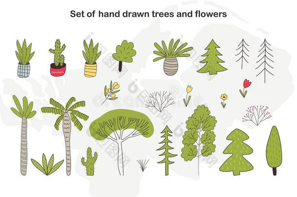 放置关于手疲惫的漫画树,仙人掌和植物.矢量花的