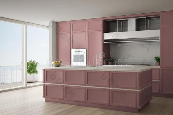 典型的红色的厨房采用现代的敞开的空间和<strong>镶木</strong>地板地面和