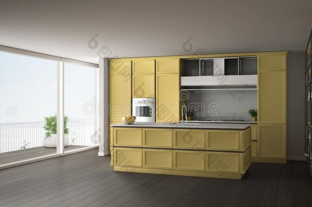 典型的黄色的厨房采用现代的敞开的空间和<strong>镶木</strong>地板地面一