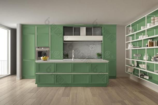 典型的绿色的厨房采用现代的敞开的空间和<strong>镶木</strong>地板地面一