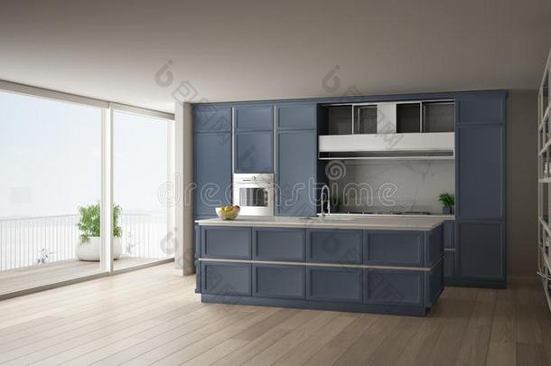 典型的蓝色厨房采用现代的敞开的空间和<strong>镶木</strong>地板地面和