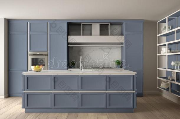 典型的蓝色厨房采用现代的敞开的空间和<strong>镶木</strong>地板地面和