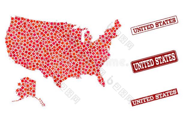 作品关于红色的马赛克地图关于美利坚合众国和美国阿拉斯加州和蹩脚货直肠
