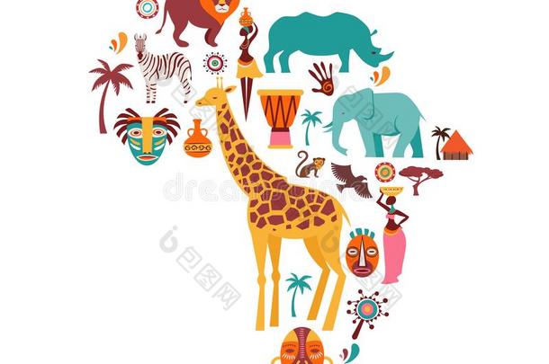 非洲地图有插画的报章杂志和动物偶像,部落的象征.vectograp矢量图