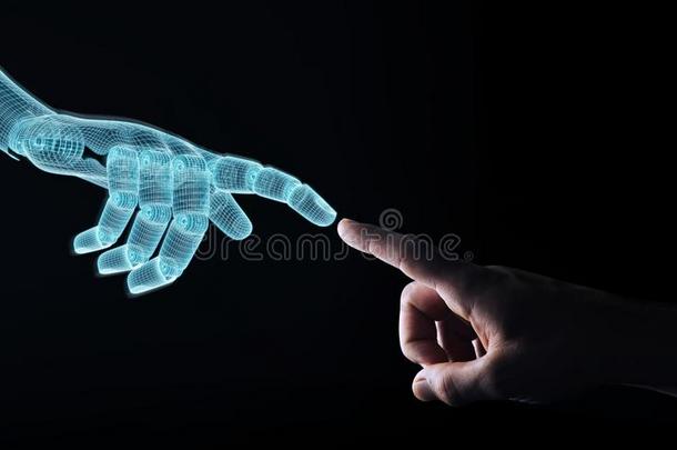 线框机器人手制造接触和人手向黑暗的3英语字母表中的第四个字母