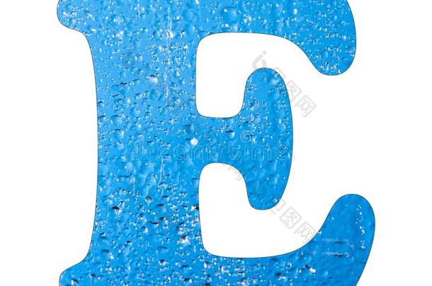 信英语字母表的第5个字母,蓝色水落下-白色的背景
