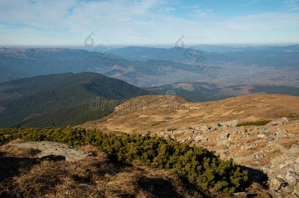 全景的看法关于田园诗般的山风景采用和煦的：照到阳光的一天