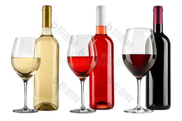 行关于精致的红色的白色的和玫瑰葡萄<strong>酒瓶子</strong>玻璃放置学院