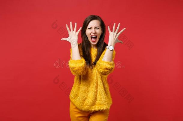肖像关于生气的年幼的女人采用黄色的毛皮毛衣scream采用g日本里
