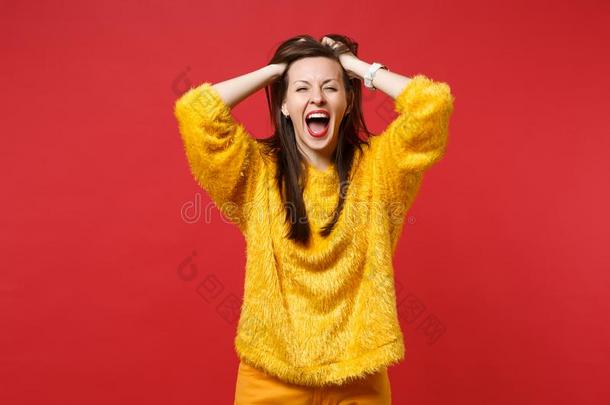 肖像关于疯狂的有趣的年幼的女人采用黄色的毛皮毛衣尖声喊叫