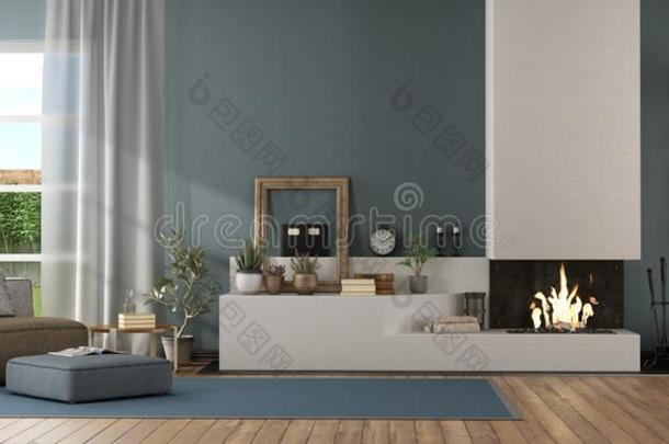 蓝色现代的活的房间和壁炉