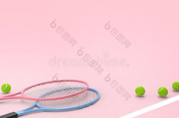 新的网球球拍有关运动的向粉红色的背景和夏-在假日