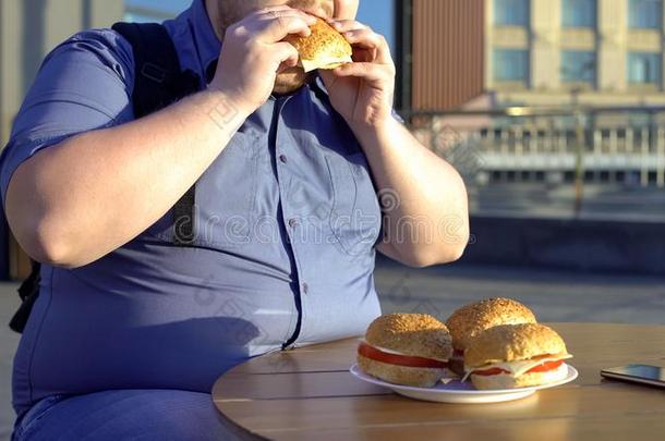 极为肥胖的学士吃快的食物汉堡包,不健康的生活方式,