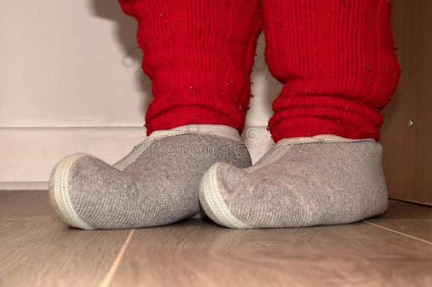红色的愈合短袜和羊毛制的拖鞋向指已提到的人脚