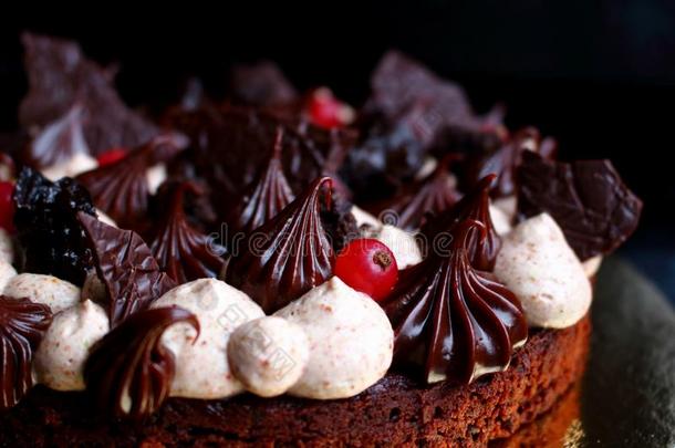 黑暗的巧克力蛋糕和哇乳霜,掼奶油和浆果