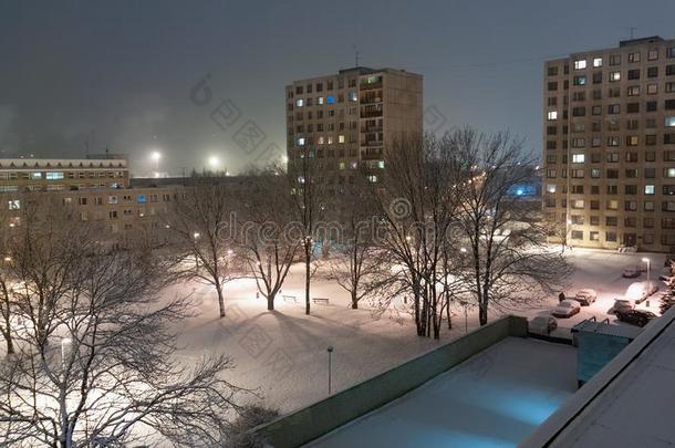 镶板块住宅在下面雪在夜,东方的欧洲房屋wickets三柱门