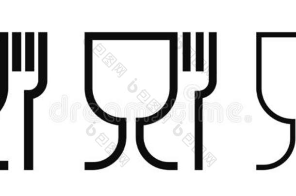 食物等级矢量偶像放置.食物安全的材料葡萄酒玻璃和英语字母表的第6个字母