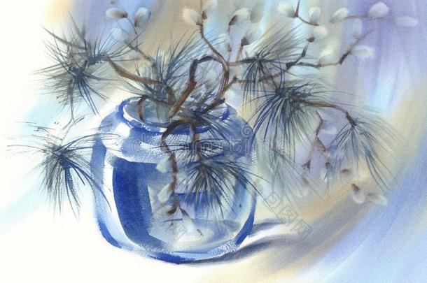 猫咪-柳树和松树树枝采用指已提到的人蓝色玻璃装饰瓶.水彩画