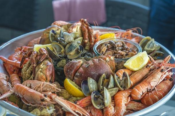 美味的海产食品盘子:蟹,虾,挪威龙虾