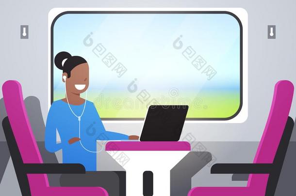 女人火车乘客收听的听觉的书和耳机非洲语