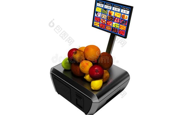 现代的出纳员和显示屏为购买苹果关于鹬鸵椰子或