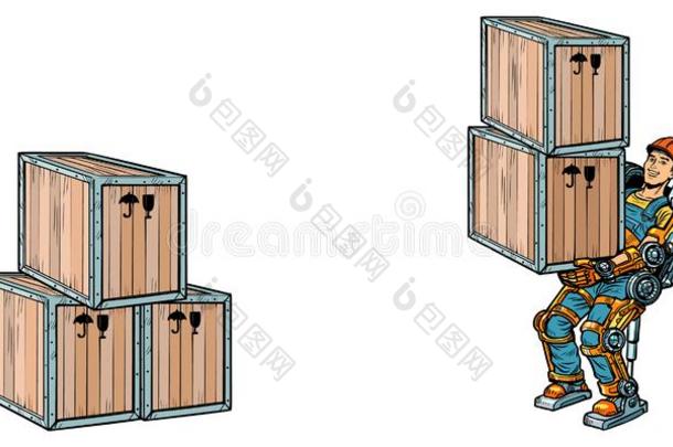 容器装货.一男人工厂采用指已提到的人外骨骼外骨骼
