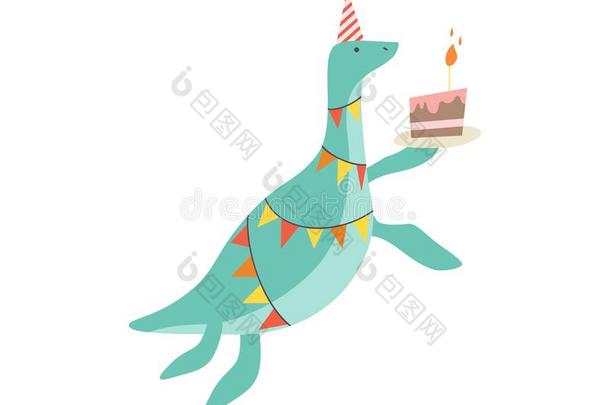 漂亮的恐龙采用社交聚会帽子和生日蛋糕,有趣的富有色彩的diameter直径