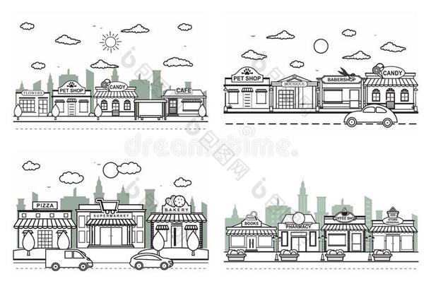 商店前面城市建筑物大街路交通线条艺术梗概
