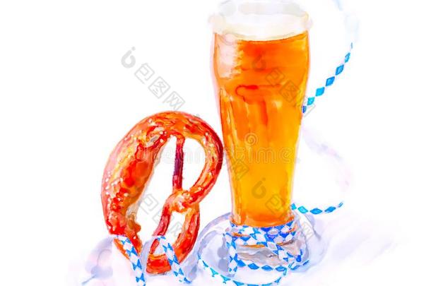 水彩说明关于啤酒玻璃和新鲜的啤酒和奥克托布