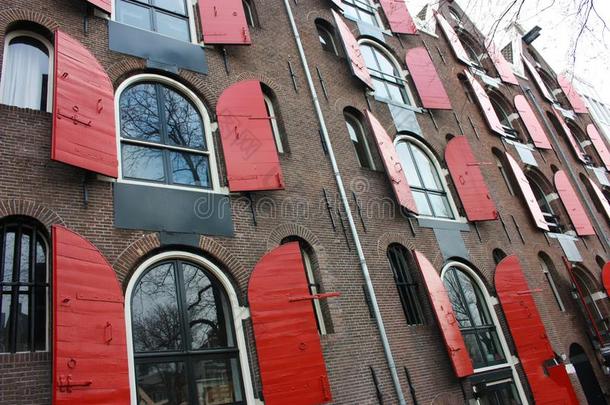 阿姆斯特丹,<strong>窗</strong>采用行和断开的红色的百叶<strong>窗</strong>,shoot采用g向那<strong>边</strong>