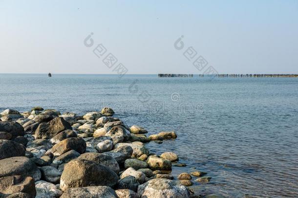 镇定的海海滩采用夏和大大地岩石和木制的极从