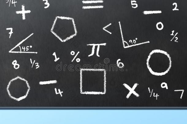 黑的板和数学象征和情况书面的采用粉笔