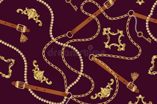 无缝的模式和腰带,链子,发辫,<strong>金色</strong>的钥匙和<strong>珍珠</strong>