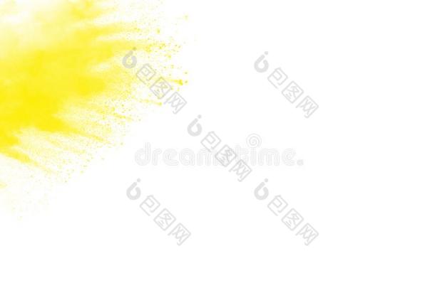 黄色的颜色粉溅泼向白色的背景.颜色粒子