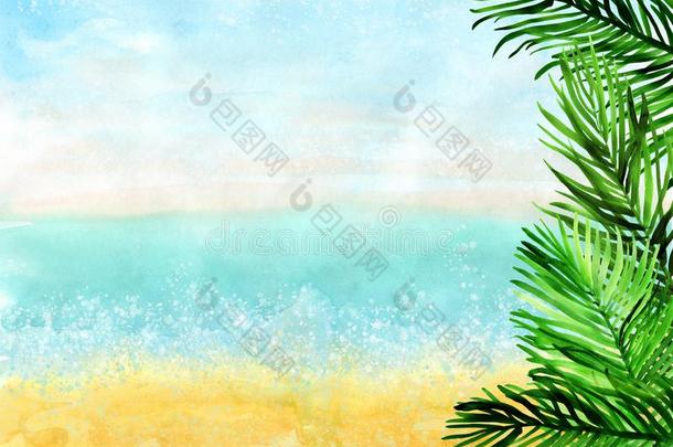 水彩画水平的海滩背景和手掌树叶向人狂犬病免疫球蛋白