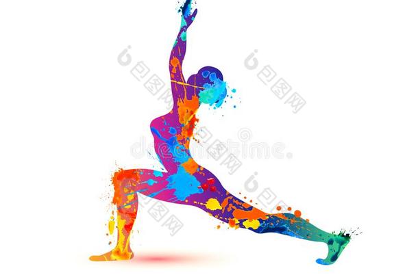 瑜伽瑜珈的任何一种姿势virabhadr瑜珈的任何一种姿势.武士使摆姿势.溅起颜料