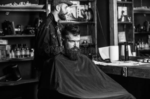 低到臀部的顾客获得理发.顾客和胡须准备好的为修剪