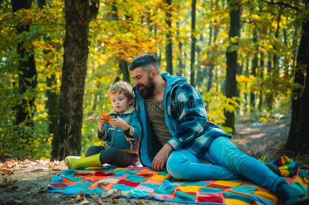 爸爸和年幼的儿子采用秋公园.父亲和儿子采用毛衣采用