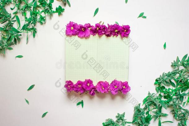 空的笔记簿装饰紫色的花向一白色的b一ckground,英语字母表的第20个字母
