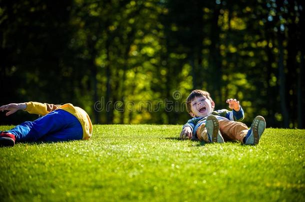 两个幸福的男孩演奏向新鲜的绿色的草草地.跌倒和英文字母表的第19个字母