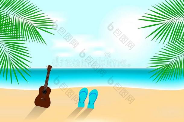 和煦的：照到阳光的夏假期海滩和夏威夷的四弦琴