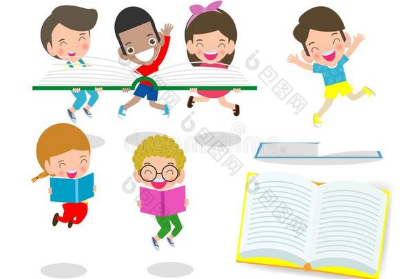 漂亮的小孩阅读书,漂亮的孩子们背向学校,教育英语字母表的第3个字母