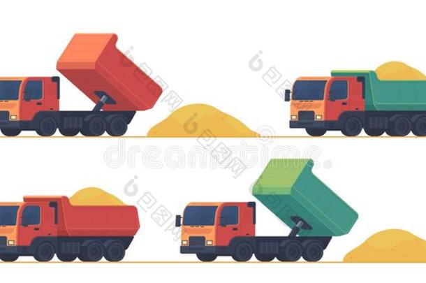 垃圾倾倒车货车.一放置关于货车s,卸载和运送的泥土和英语字母表的第3个字母