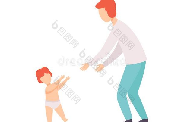 蹒跚行走的人婴儿迷人的第<strong>一级</strong>别向他的父亲,父亲和小孩int.哈