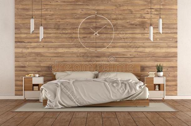 极简抽象艺术的硕士卧室和木制的双的床