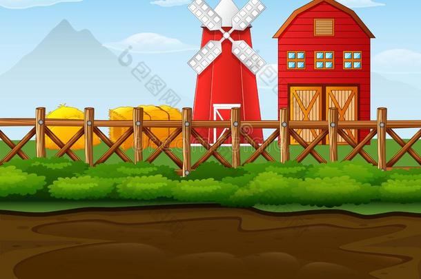 农场风景和棚和风车
