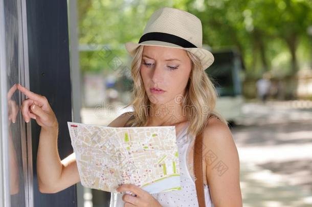 女人和大街地图有样子的在注意板