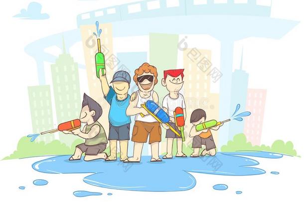 泼水节,漫画男孩和旅游和Thail和水节日,